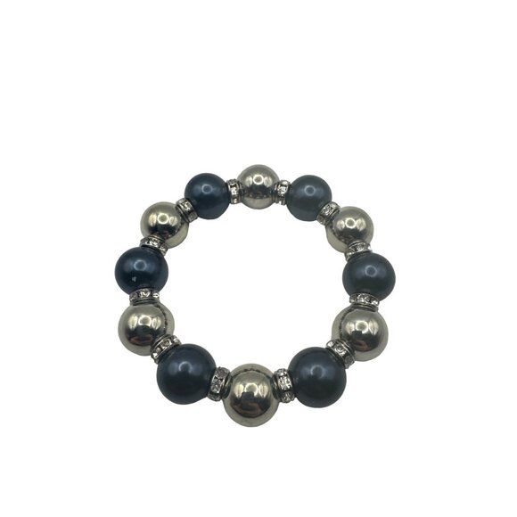 Navy Silver and Rhinestone Rondelle Stretch Beaded Bracelet 7 inch - Picture 4 of 5